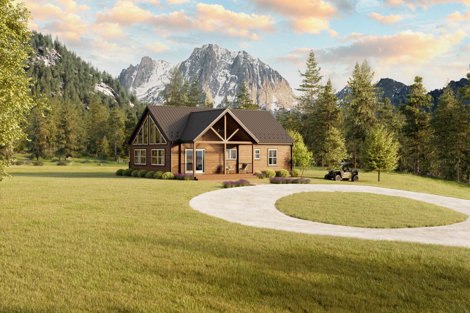 Cedar Ridge Lodge Style 1 exterior with circular driveway and mountains behind