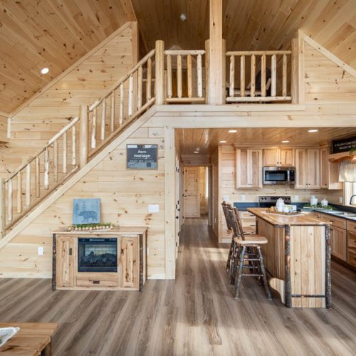 Cedar Ridge Lodge Living Area, Kitchen, and Stairs to Loft
